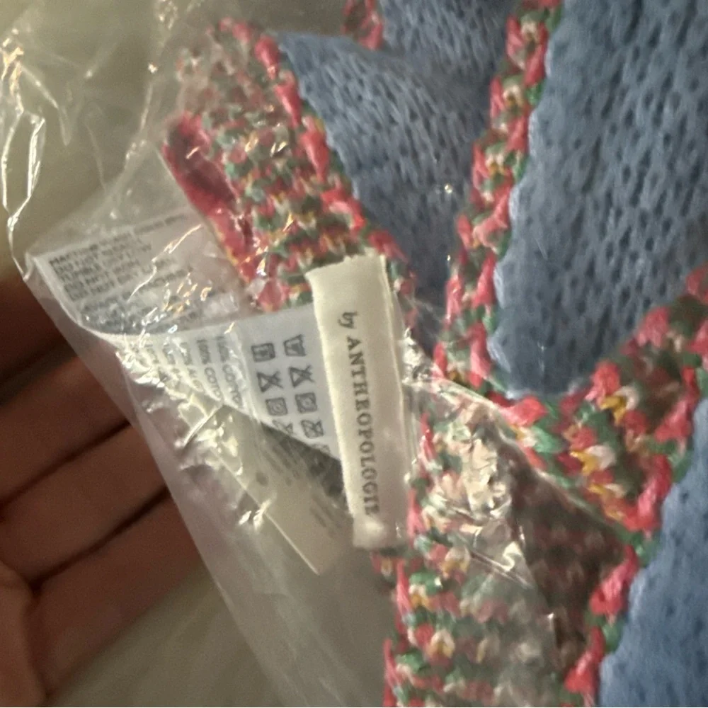 Anthropologie Pale Blue Rose & Heart Knit Throw with Tan Border